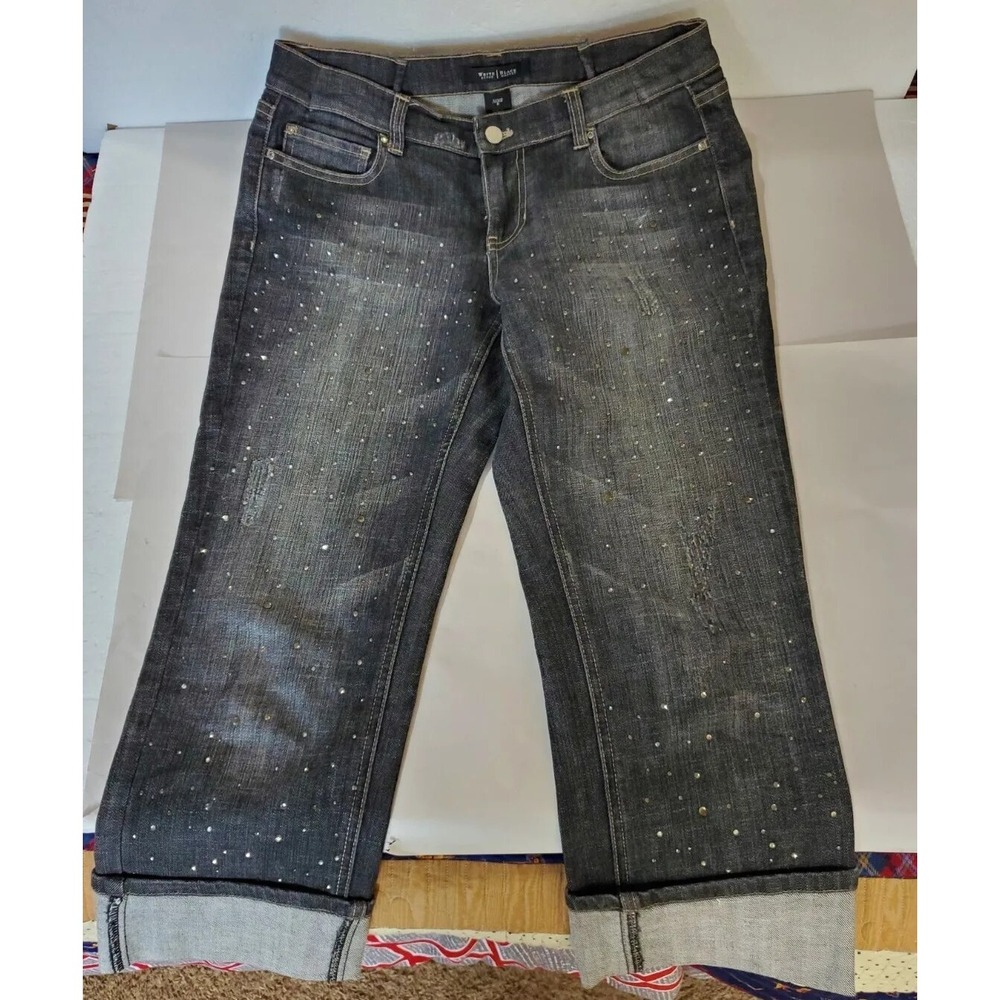 WHBM Noir Light Black/ Charcoal Capri‎ Jeans, distressed, jeweled.